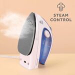 Sunbeam Hot-2-Trot Travel Steam Iron, 800 Watt Dual Voltage 120/240, Compact Size, Portable, Non-Stick Soleplate, Soft Touch Handle, Horizontal or Vertical Use, White and Blue - Image 6