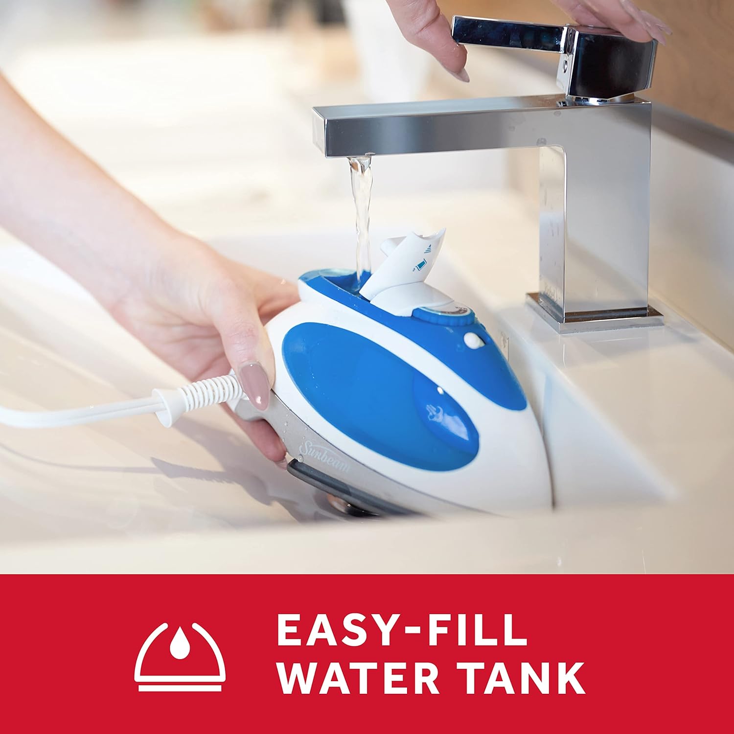 Sunbeam Hot-2-Trot Travel Steam Iron, 800 Watt Dual Voltage 120/240, Compact Size, Portable, Non-Stick Soleplate, Soft Touch Handle, Horizontal or Vertical Use, White and Blue - Image 7