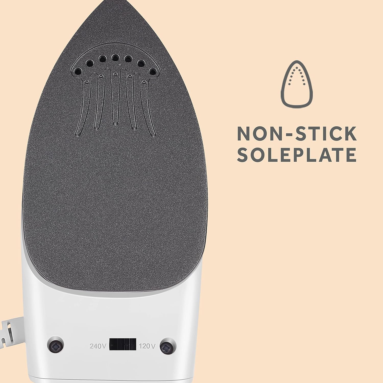 Sunbeam Hot-2-Trot Travel Steam Iron, 800 Watt Dual Voltage 120/240, Compact Size, Portable, Non-Stick Soleplate, Soft Touch Handle, Horizontal or Vertical Use, White and Blue - Image 8