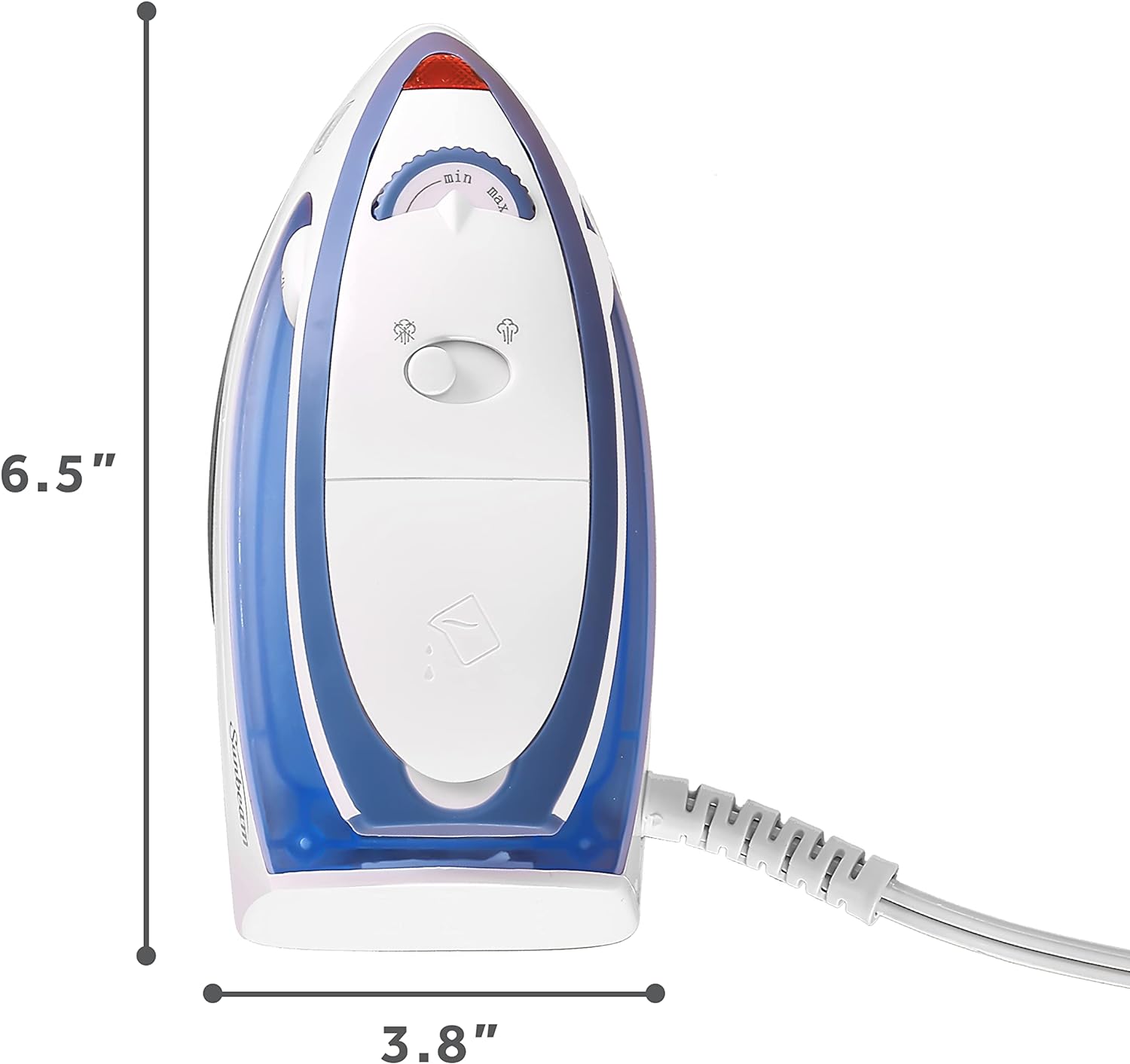 Sunbeam Hot-2-Trot Travel Steam Iron, 800 Watt Dual Voltage 120/240, Compact Size, Portable, Non-Stick Soleplate, Soft Touch Handle, Horizontal or Vertical Use, White and Blue - Image 9