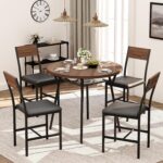 Pamapic Round Dining Table Set for 4, Kitchen Table and Chairs for 4, Dining Room Circle Dinner Pedestal Table, Solid Metal Frame,Space Saving Wood Kitchen & Dining Room Furniture,Walnut - Image 3