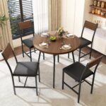 Pamapic Round Dining Table Set for 4, Kitchen Table and Chairs for 4, Dining Room Circle Dinner Pedestal Table, Solid Metal Frame,Space Saving Wood Kitchen & Dining Room Furniture,Walnut - Image 6