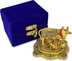 NOBILITY Pooja Items Diwali Gift Golden Small Kamdhenu Cow and Calf with Blue Box Metal Statue Decorative Item Showpiece for Home Office Decoration Wedding Return Gifts - Image 3