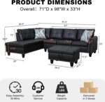 Wakefit Sectional Sofa Couch, Modern 4-Seaters Living Room Furniture Sets with Chaise Lounge, Ottoman & 2 Pillows | L Shape Couch | Cup Holder | Faux PU Leather, Black - Image 3