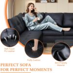 Wakefit Sectional Sofa Couch, Modern 4-Seaters Living Room Furniture Sets with Chaise Lounge, Ottoman & 2 Pillows | L Shape Couch | Cup Holder | Faux PU Leather, Black - Image 4