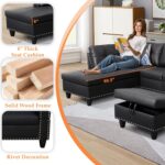 Wakefit Sectional Sofa Couch, Modern 4-Seaters Living Room Furniture Sets with Chaise Lounge, Ottoman & 2 Pillows | L Shape Couch | Cup Holder | Faux PU Leather, Black - Image 5