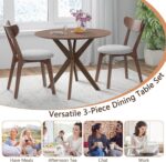 Tangkula Mid-Century Modern Round Dining Table Set for 2, Wooden Kitchen Table & 2 Chairs with Cushioned Seats, Compact 3-Piece Dining Set for Small Spaces, Kitchen, Living Room - Image 7