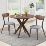 Tangkula Mid-Century Modern Round Dining Table Set for 2, Wooden Kitchen Table & 2 Chairs with Cushioned Seats, Compact 3-Piece Dining Set for Small Spaces, Kitchen, Living Room - Image 8