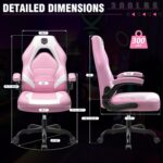 Gaming Chair, Leather High-Back Home Office Desk Chair with Flip-Up Arms, Ergonomic Padded Rolling Wheels Swivel Tilt Gamer Computer Chair with Comfy Lumbar Support, Height Adjustable, Pink - Image 4