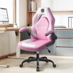 Gaming Chair, Leather High-Back Home Office Desk Chair with Flip-Up Arms, Ergonomic Padded Rolling Wheels Swivel Tilt Gamer Computer Chair with Comfy Lumbar Support, Height Adjustable, Pink - Image 8