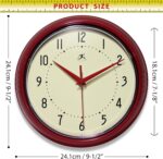 Infinity Instruments LTD. Retro 9 inch Silent Sweep Non-Ticking Mid Century Modern Kitchen Diner Wall Clock Quartz Movement Retro Wall Clock Decorative (Red)… - Image 4