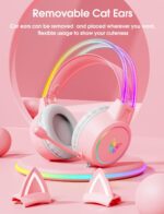 Lightweight Gaming Headset with Detachable Cat Ears, RGB Lighting, Wired Over Ear Headphones with Mic for PC, PS4, PS5, Switch, Stereo Surround Sound, Self-Adjusting Headband - Image 3