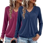 2 Pack Women Tops Long Sleeve Shirts V Neck Loose Fit Soft Casual Solid Color T-Shirts Fall Clothing - Image 2