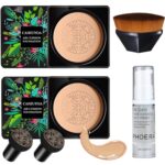 2PCS Mushroom Head Air Cushion CC Cream BB Cream Foundation Full Coverage Foundation 24HR Matte Oil Control Concealer With Makeup Face Primer & Petal-Shaped Cosmetics Brush（Natural） - Image 2