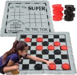 3-in-1 Vintage Giant Checkers, Tic, Tac, Toe, with Reversible Mat, 24 Chips, Family Board Game, Lawn Game, BBQ Party Favor, Indoor and Outdoor Activity for Kids and Adults - Image 2