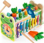 6-IN-1 Wooden Montessori Toys for 1 Year Old, Mole-Tapping Game | Play the Xylophone | Frog Clock | Carrot Harvest Game | Spinning Gear, Toddler Toys Aged 1-4, Baby Toy Gift for Early Learning - Image 2