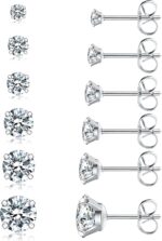 6 Pairs Stud Earrings Set, Hypoallergenic Cubic Zirconia 316L Earrings Stainless Steel CZ Earrings 3-8mm (Steel color) - Image 2