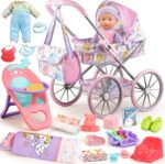 Baby Doll Stroller Playset for Girls Toddlers 3-5 4-6 5-7 Year Old to Play House Games. Stroller Toy with 12.5" Baby Doll, Dining Chair, Quilt Pillow, 24 PCS Doll Accessories and 2 Sets Clothes. - Image 2