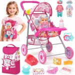 Baby Doll Stroller Set with 12.5" Doll, Baby Dining Table, Backpack with Carrier, 21 PCS Baby Doll Accessories Stroller Toys, 2 Sets Doll Clothes, Feeding Set Girls Toddlers Gifts for Pretend Play - Image 2