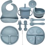 Baby Led Weaning Supplies | 10 Piece Silicone Baby Feeding Set | Baby Toddler Bib Cup Divided Plate and Bowl Self Feeding Spoons Dish Set | Baby Utensils | Toddler Feeding Supplies (Sky) - Image 2