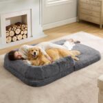 Bedsure Foldable Human Dog Bed - 2 in 1 Flexible Giant Human Dog Bed for Adult People with Supportive Bolster Egg Foam, Waterproof Liner, Calming Fluffy Faux Fur Orthopedic Big Bean Bed, Dark Grey - Image 2