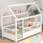 Bellemave Kids Montessori Bed Twin Size, Twin Floor Bed with High Fence, House Beds for Kids, Girls, Boys, Wood Montessori Floor Beds Without Slats(White Twin) - Image 2