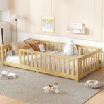 Bellemave Twin Floor Bed with Slats and Safety Guardrails, Kids Montessori Floor Beds with Fence and Without Door, Easy Assemble Floor Bed for Kids, Girls, Boys, Natural - Image 2