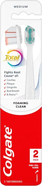 Colgate Total Active Prevention Foaming Clean Medium Toothbrushes, Medium Bristle Toothbrush Pack for Plaque Removal, Helps Reach Deeper Along The Gumline and Between Teeth, White, 2 Pack - Image 2