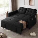DWVO 55" Convertible Sofa Bed, 3-in-1 Sleeper Sofa with Pull-Out Bed, Linen Futon Couch with Side Pocket and Adjustable Backrest, Modern Loveseat for Living Room, Balck - Image 2