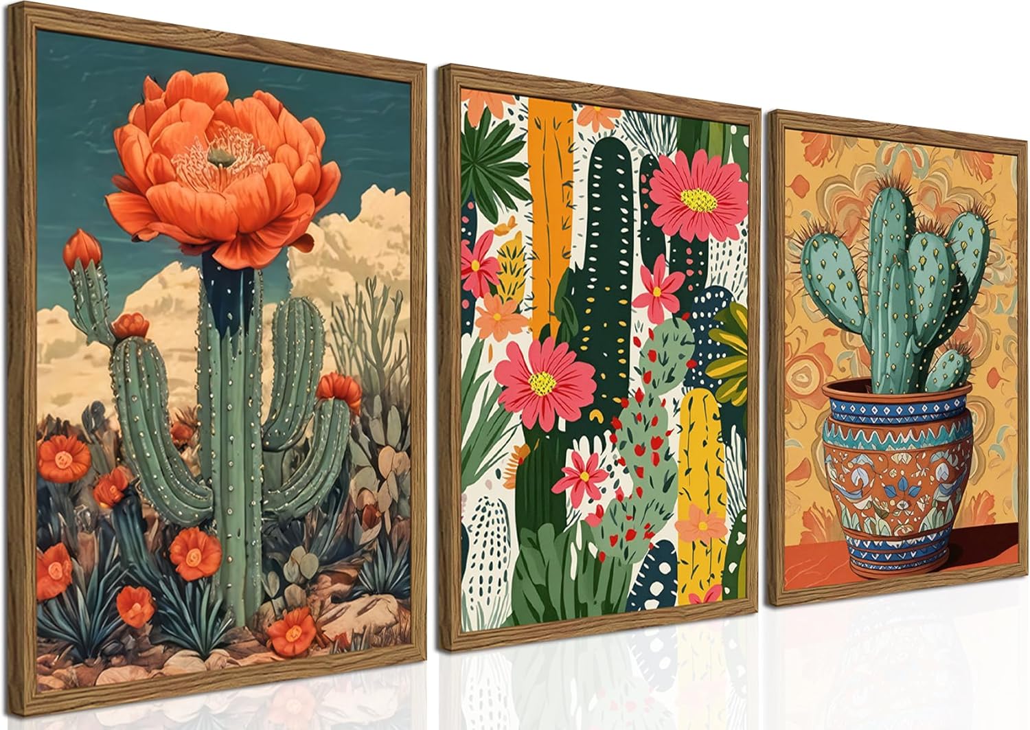 Framed Mexican Cactus Canvas Wall Art Set of 3 - Vintage Desert Floral Wall Decor Paintings, Boho Southwestern Botanical Prints Pictures for Living Room Bedroom Bathroom Home Decor 12x16 inch - Image 2