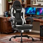 Gaming Chair for Adults and Teens, Ergonomic Leather Video Game Chairs with Footrest, Wide Seat, Reclining Back, Neck & Lumbar Support, Adjustable Swivel Computer Desk Chair, Black/White - Image 2