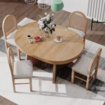 Harper & Bright Designs 5-Piece Extendable Dining Table Set, Functional Round Dining Table and 4 Upholstered Chairs with Rattan Backrests for Dining Room and Kitchen (Natural Wood Wash) - Image 2