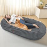 Human Dog Bed for Adult, Reversible 2 Layer Gel Infused Orthpedic Memory Foam, Washable Faux Fur, Plump Edge with Blanket, Storage Pocket, Strap, 71"x41.3"x11", Medium Gray - Image 2