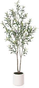 LOMANTO Artificial Olive Trees, 5 ft Tall Fake Olive Trees for Indoor, Faux Olive Silk Tree, Large Olive Plants with White Planter for Home Decor and Housewarming Gift, 1 Pack - Image 2