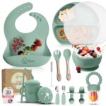 O'doe 17-Piece BPA-Free Silicone Baby Feeding Set | Thick & Soft Suction Plates, Baby Bowls, Wooden Fork & Spoon, and More | Make Mealtime Fun and Easy for Your Little One (Green, V2) - Image 2