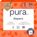 Pura Hypoallergenic Diapers, Size 1 (4-11lbs), Newborn, Totally Chlorine Free, Wetness Indicator, Suitable for Sensitive Skin, Soft Organic Cotton Comfort, Overnight, 3 Packs of 32 (96 Baby Diapers) - Image 2
