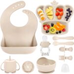 Silicone Baby Feeding Set 10 Pcs Baby Led Weaning Supplies Suction Bowl Divided Plate Baby Bibs Fruit Feeder Baby Spoons Forks Sippy Cup Toddler Utensil Sets Baby Essentials for Newborn Gift - Image 2
