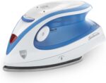 Sunbeam Hot-2-Trot Travel Steam Iron, 800 Watt Dual Voltage 120/240, Compact Size, Portable, Non-Stick Soleplate, Soft Touch Handle, Horizontal or Vertical Use, White and Blue - Image 2