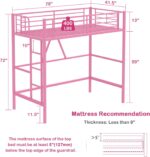 VECELO Loft Bed Twin Size, Metal Bedframe with Removable Ladder and Safety Guardrail, No Box Spring Needed, Space Saving, Noise Free, Light Pink - Image 2