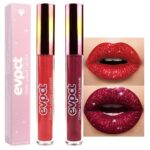 evpct 2Pcs Red Glitter Metallic Shimmer Diamond Lipstick Lip Gloss Stain Set for Women Long Lasting Waterproof, Dark Hot Bright Red Sparkle Glitter Matte long wear Liquid Lipstick Lip Makeup Kit - Image 2