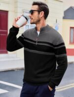 MAGCOMSEN Men's Sweaters 1/4 Zip Cotton Sweater Pullover Polo Sweaters Striped Fall Winter Warm Sweatshirts - Image 4