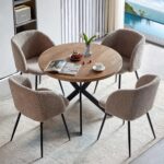 5 PCS Kitchen Dining Table Set, 37" Round Breakfast Dining Table MDF Tabletop, Space Saving Coffee Table Set for 4, Cozy Fluffy Sherpa Armchair Upholstered Dining Chairs with Metal Legs - Image 3