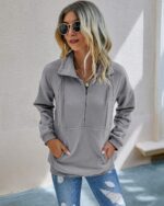 PRETTYGARDEN Women's Casual Long Sleeve Lapel Zipper Sweatshirt Drawstring Loose Pullover Tops - Image 3