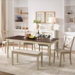 AMERLIFE 6-Piece Farmhouse Dining Table Set with 4 Upholstered Chairs and Bench, 71” Solid Wood Table, Seating for 6, for Dining Room or Kitchen, Rustic White & Walnut Finish - Image 4
