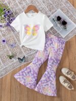 Kid Toddler Girl Clothes Outfits Short Sleeve Butterfly Top Flared Leg Pants Summer Clothing Set - Image 3