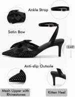 Coutgo Womens Kitten Low Heels Rhinestone Mesh Bow Heels Closed Pointed Toe Ankle Strap Pumps Dress Wedding Shoes - Image 6