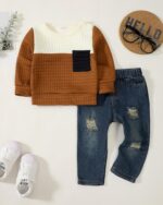 NZRVAWS Toddler Baby Boy Clothes Pullover Sweater Ripped Jean Sweatsuit Little Boy Outfit Fall Winter Clothing Set 6M-7T - Image 3