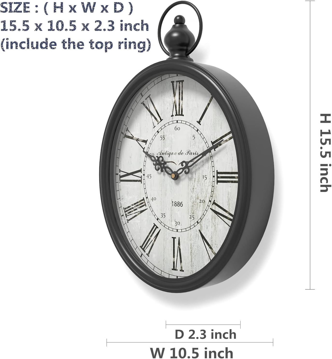 Menterry Oval Retro Wall Clock, Rustic Vintage Style, Black Antique Design, Battery Operated Silent Decor Large Wall Clocks for Kitchen,Farmhouse,Office (15.5" H x 10.5" W) - Image 4