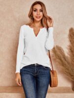Dellytop Womens V Neck Waffle Knit Shirts Long Sleeve Loose Fitting Warm Tee Tops Sweaters Pullovers - Image 3
