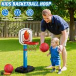 2 in 1 Kids Basketball Hoop and T Ball Set - Adjustable Height, Kids Baseball Tee with Automatic Pitching Machine, Indoor Outdoor Sport Toys Gifts for Toddler Boys Girls Age 1-5, Blue - Image 6